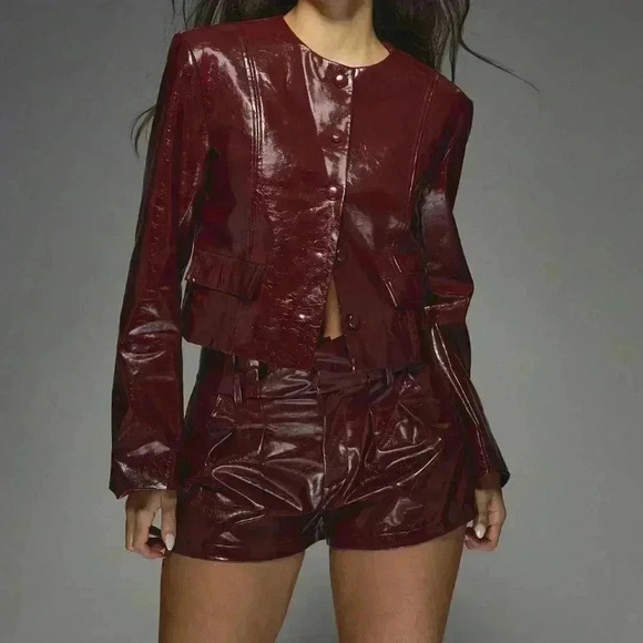 Burgundy Casual Women's Faux Leather Buttoned Round Neck Long Sleeves Jacket
